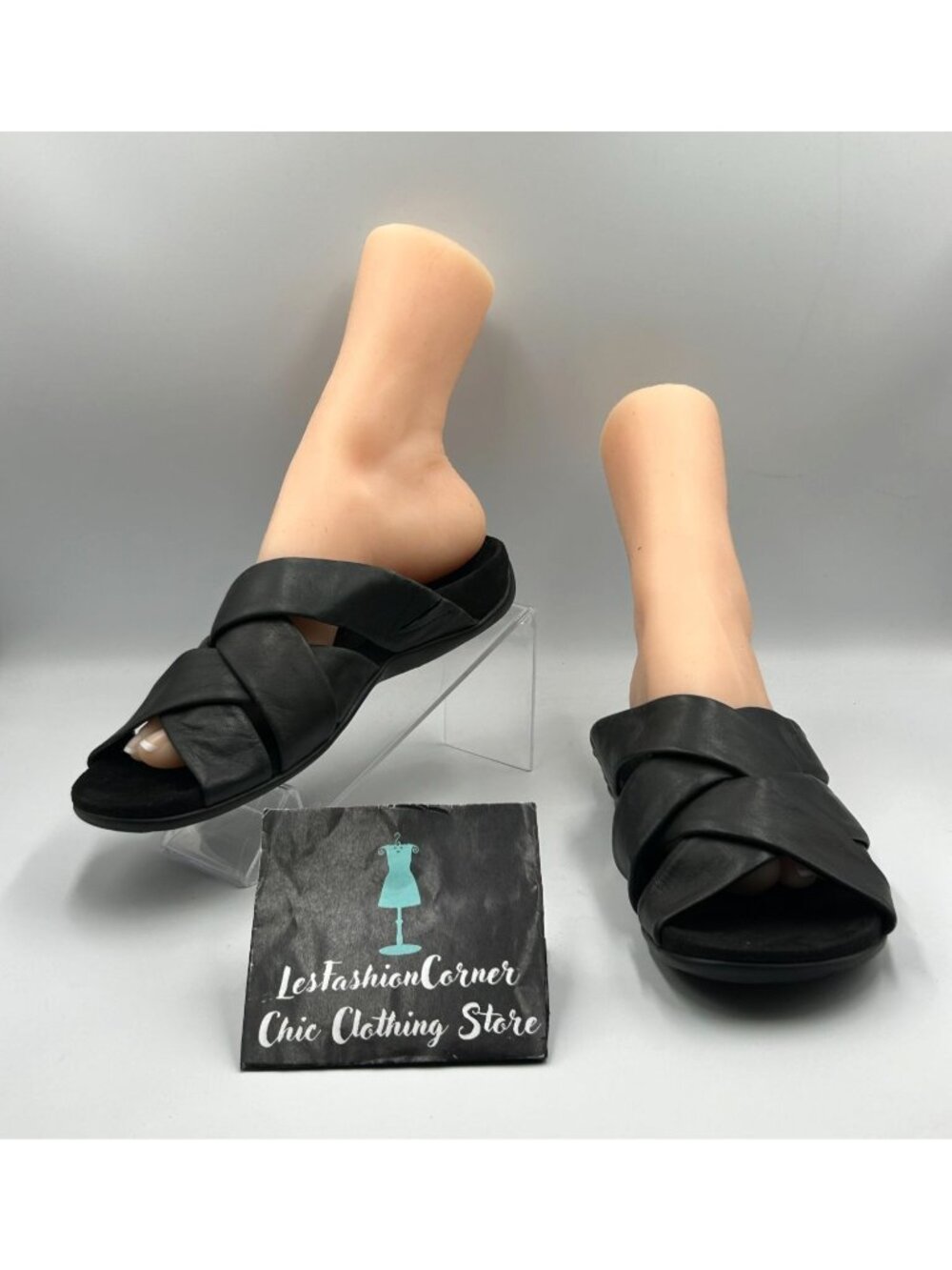 Vionic Women's Black Leather Rest Juno Slide Crisscross Straps Sandals Size 8 33